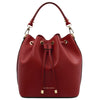 Front View Of The Red Leather Bucket Bag