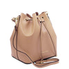 Angled And Shoulder Strap View Of The Champagne Leather Bucket Bag