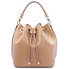 Front View Of The Champagne Leather Bucket Bag