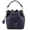 Front View Of The Dark Blue Leather Bucket Bag