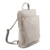 Angled View Of The Light Grey Leather Backpack Ladies