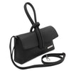 Angled And Shoulder Strap View Of The Black Womens Leather Clutch