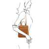 Women Posing With Over The Shoulder View Of The Cognac Womens Small Backpack
