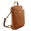 Angled View Of The Cognac Leather Backpack Ladies