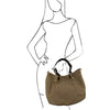 Women Posing With The Dark Taupe Woven Leather Shoulder Bag