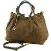 Angled And Shoulder Strap View Of The Dark Taupe Woven Leather Shoulder Bag